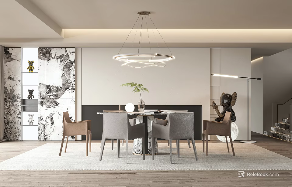 Modern Restaurant Interior With Round Pendant Light Gray Chairs And Decorative Wall 3d model 