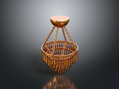 Golden Chandelier Featuring Round Base With Chains And Circular Frame Hanging Slender Decorative Strips 3d model