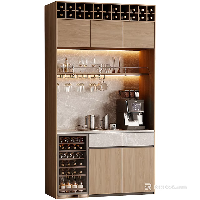Modern Wooden Wine Cabinet With Glass Door Wine Storage Coffee Machine And Glass Racks 3d model 