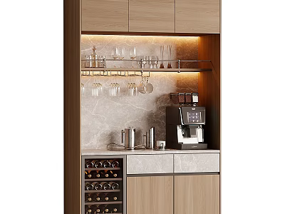 Modern Wooden Wine Cabinet With Glass Door Wine Storage Coffee Machine And Glass Racks 3d model