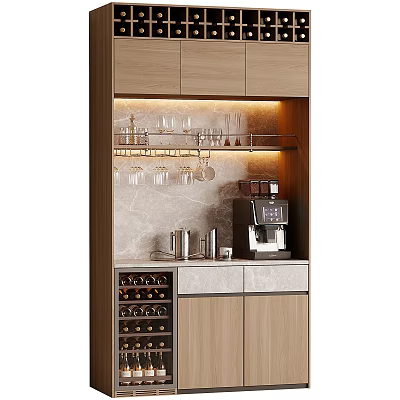 Modern Wooden Wine Cabinet With Glass Door Wine Storage Coffee Machine And Glass Racks 3d model