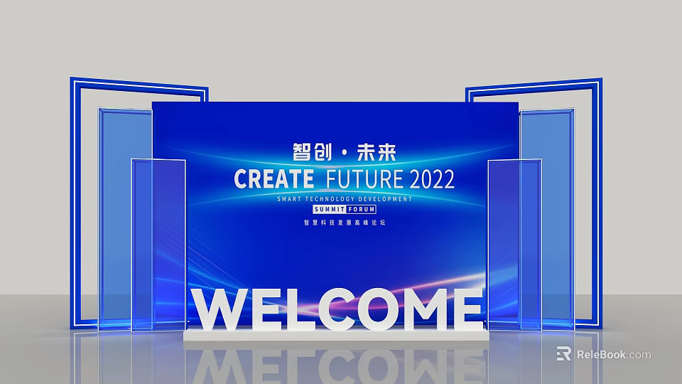 Create Future 2022 Photo Check In Spot With Welcome Sign Blue Backdrop And Innovation Theme 3d model 