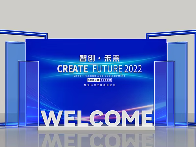 Create Future 2022 Photo Check In Spot With Welcome Sign Blue Backdrop And Innovation Theme 3d model