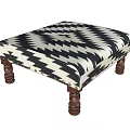 Brown And Beige Chevron Pattern Ottoman With Wooden Turned Legs And Padded Top
