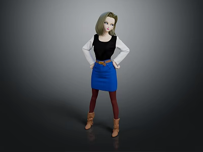 Green Hair Game Movie Character With Black White Top Blue Skirt Brown Boots Standing Pose 3d model
