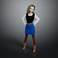 Green Hair Game Movie Character With Black White Top Blue Skirt Brown Boots Standing Pose