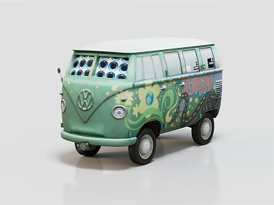 Classic Green Volkswagen Bus With Colorful Graffiti Round Headlights And White Roof 3d model