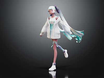 3D Anime Character With White Long Hair Purple Highlights And Blue Green Flowing Ribbons 3d model