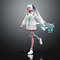3D Anime Character With White Long Hair Purple Highlights And Blue Green Flowing Ribbons