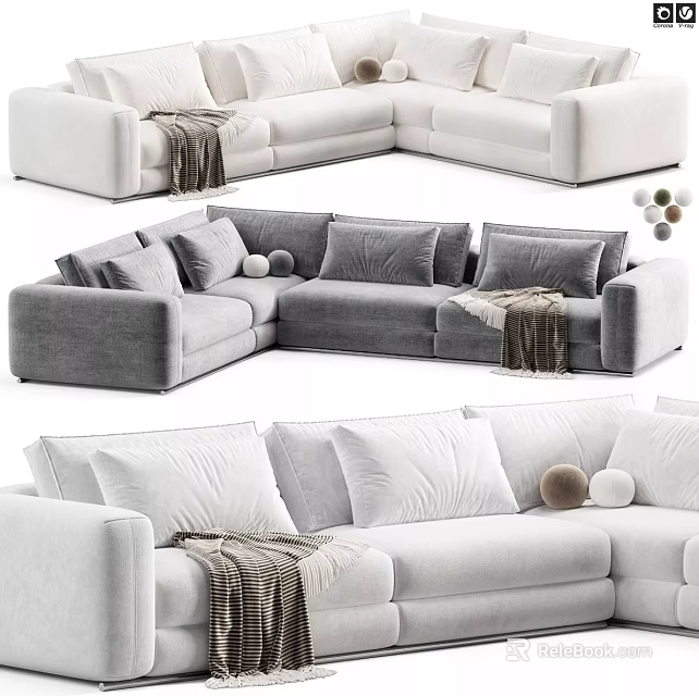 Modern Casual Sofa Set With White Gray Plush Pillows Throw Blanket And Decorative Balls 3d model 