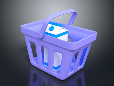 Purple Shopping Basket With Milk Carton For Daily Household Supplies 3d model