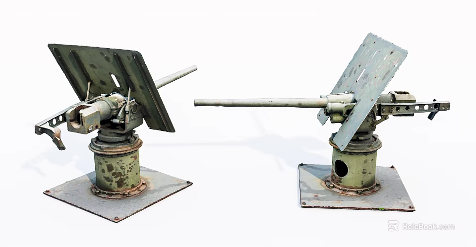 Antique Military Artillery Pieces With Rusty Metal Stands And Long Barrels On Concrete Bases 3d model 