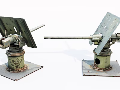 Antique Military Artillery Pieces With Rusty Metal Stands And Long Barrels On Concrete Bases 3d model