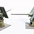 Antique Military Artillery Pieces With Rusty Metal Stands And Long Barrels On Concrete Bases