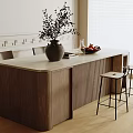 Modern Wooden Counter Table With Bar Stools Vase Plants And Fruit Tray Interior