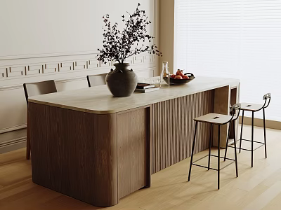 Modern Wooden Counter Table With Bar Stools Vase Plants And Fruit Tray Interior 3d model