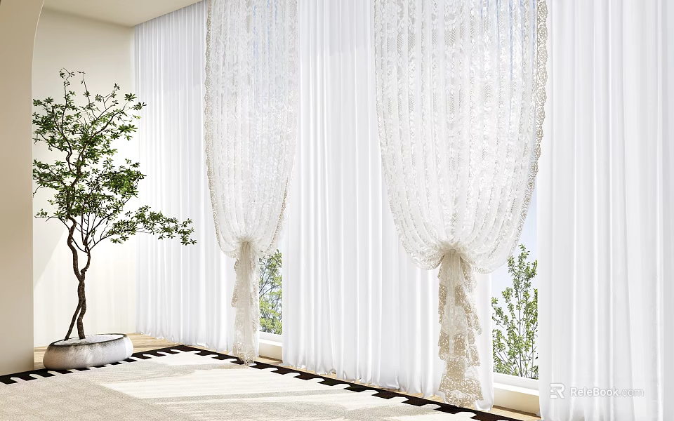 Elegant White Lace Curtains Enhancing Natural Light By Window With Greenery 3d model