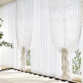 Elegant White Lace Curtains Enhancing Natural Light By Window With Greenery 3d model