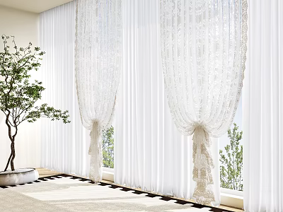 Elegant White Lace Curtains Enhancing Natural Light By Window With Greenery 3d model