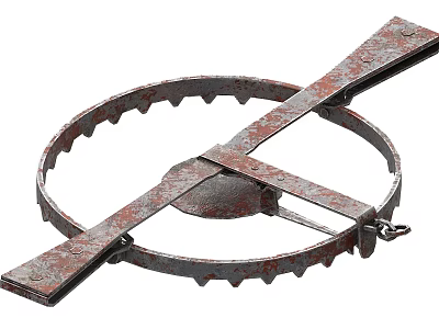 Rusty Metal Bear Trap With Serrated Edges Crossed Bars And Chain 3d model