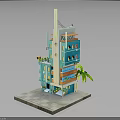Colorful Multi Story Building 3D Model with Exterior Balconies and Palm Tree