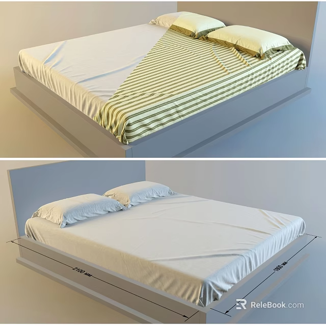 Modern Double Bed With Headboard White Sheets Striped Bedspread And Dimensions 3d model 