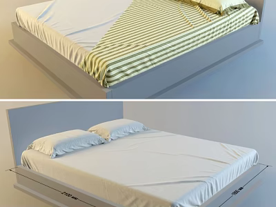 Modern Double Bed With Headboard White Sheets Striped Bedspread And Dimensions 3d model