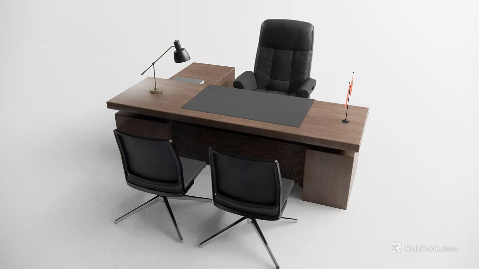 Modern Executive Office Desk with Wooden Top Black Leather Chair Lamp Mat and Side Chairs 3d model 