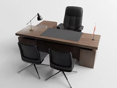 Modern Executive Office Desk with Wooden Top Black Leather Chair Lamp Mat and Side Chairs 3d model