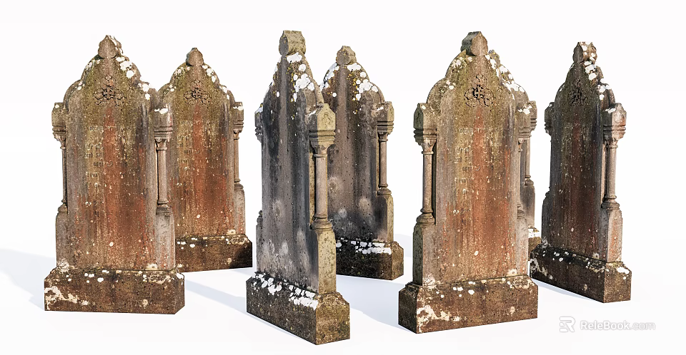Ancient Stone Wood Tombstones With Carved Details And Snow Covered Surfaces 3d model 