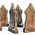 Ancient Stone Wood Tombstones With Carved Details And Snow Covered Surfaces