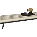 Beige Upholstered Ottoman with Black Legs and Decorative Tray Holding Flowers Wine Bottles