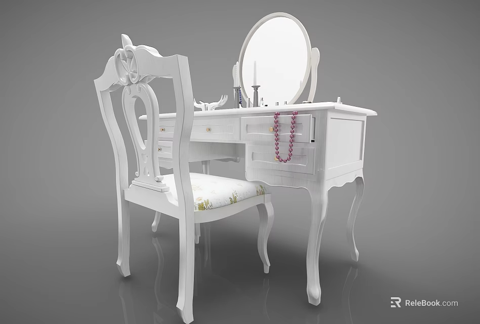 White Dressing Table with Round Mirror Matching Chair Drawers and Carved Details 3d model 
