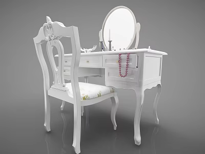 White Dressing Table with Round Mirror Matching Chair Drawers and Carved Details 3d model