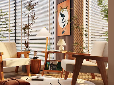 Modern Leisure Sofa Set With Wooden Frame And Green Plants In Cozy Interior 3d model
