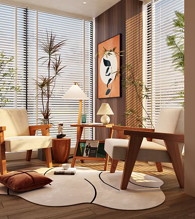 Modern Leisure Sofa Set With Wooden Frame And Green Plants In Cozy Interior 3d model