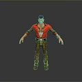 Game Movie Character With Blue Hair Red Vest And Brown Pants Standing Pose