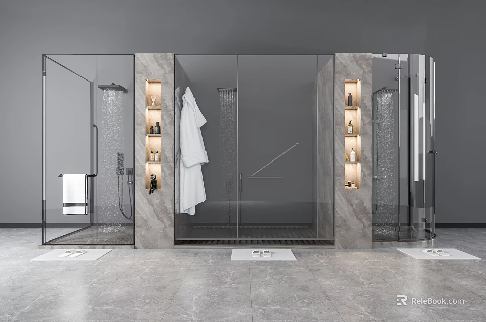 Modern Bathroom With Glass Shower Enclosures Marble Walls Wall-Mounted Shelves And Hanging Bathrobe 3d model 