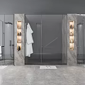 Modern Bathroom With Glass Shower Enclosures Marble Walls Wall-Mounted Shelves And Hanging Bathrobe