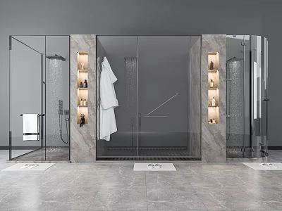 Modern Bathroom With Glass Shower Enclosures Marble Walls Wall-Mounted Shelves And Hanging Bathrobe 3d model