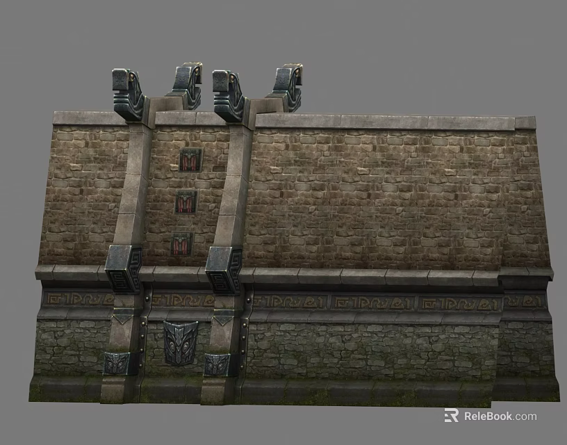 Ancient Stone Brick Wall With Decorative Carvings And Relief Details On Top 3d model 