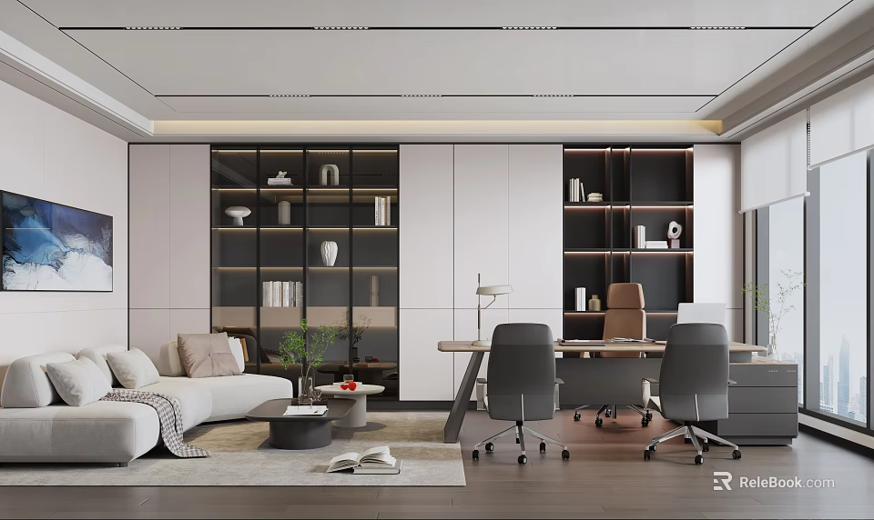 Modern Office Interior Design With Sofa Desk Bookshelves And Green Plants 3d model 