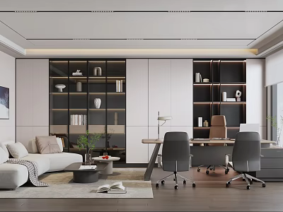 Modern Office Interior Design With Sofa Desk Bookshelves And Green Plants 3d model