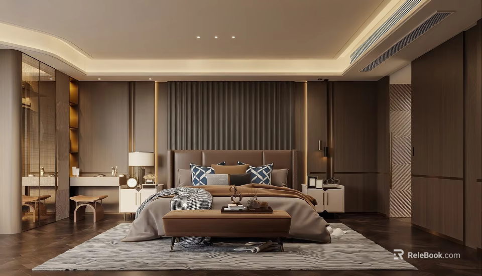 Modern Bedroom Interior Design With Dark Wood Headboard Vertical Stripes Bench And Pillows 3d model 