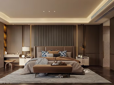 Modern Bedroom Interior Design With Dark Wood Headboard Vertical Stripes Bench And Pillows 3d model