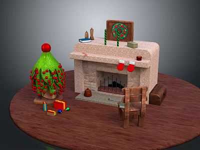 Christmas Themed Fireplace With Wreath Stockings Tree And Wooden Chair Toys On Floor 3d model