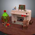 Christmas Themed Fireplace With Wreath Stockings Tree And Wooden Chair Toys On Floor