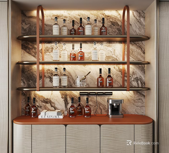 Modern Stylish Multi-tiered Wine Rack With Marble Wall Wooden Frame Whiskey Bottles And Coffee Machine 3d model 