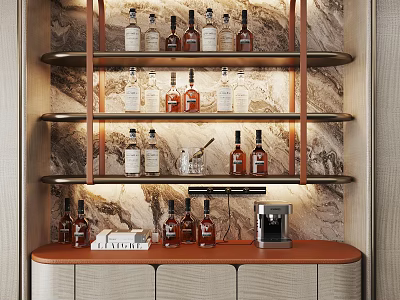 Modern Stylish Multi-tiered Wine Rack With Marble Wall Wooden Frame Whiskey Bottles And Coffee Machine 3d model