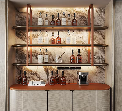 Modern Stylish Multi-tiered Wine Rack With Marble Wall Wooden Frame Whiskey Bottles And Coffee Machine 3d model